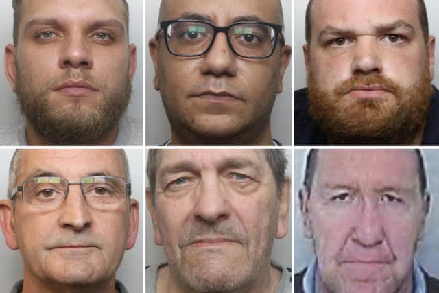 Six men convicted or sentenced over child sex offences in Northamptonshire between January and March 2022 — Top row (left to right) Ioan Christian Moise, Matthew Mather-Franks and Matthew Swift; bottom row: Stephen Mitchell, Peter Butt and Keith McFadden