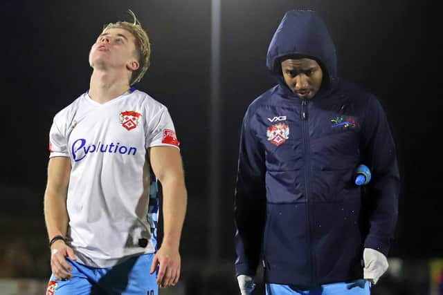 Kettering's Kai Fifield and new signing Terrell Pennant show their disappointment at the end of the 2-1 defeat at Harborough Town (Picture: Peter Short)