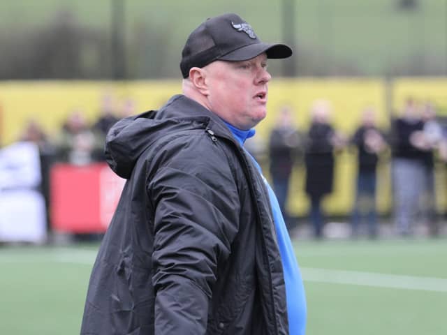 Corby Town boss Gary Setchell watches his side in the 1-1 draw at Harborough Town (Picture: Phil Passingham)