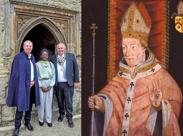Higham Ferrers Bedesman Chris O'Rourke (far left) with Vice Lord Lieutenant for Northamptonshire Morcea Walker, MBE, and Higham Ferrers mayor Cllr Nigel Brown at the recent anniversary celebrations, and Henry Chichele (far right)