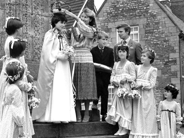 Geddington May Day 1984 crowing of the May Queen on the Eleanor Cross