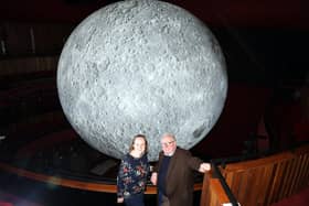 Corby, Museum of the Moon, Grow Festival's art installation Museum of the Moon  l-r Helen Willmott and James Miller (chairman of Northamptonshire, Britian's Best Surprise)