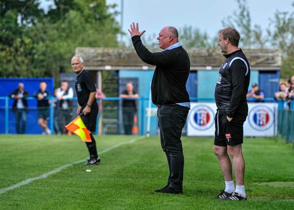 Corby Town boss Gary Setchell watches on as his Corby Town side threw away a 2-0 lead to lose 3-2 at Hinckley (Picture: Jim Darrah)