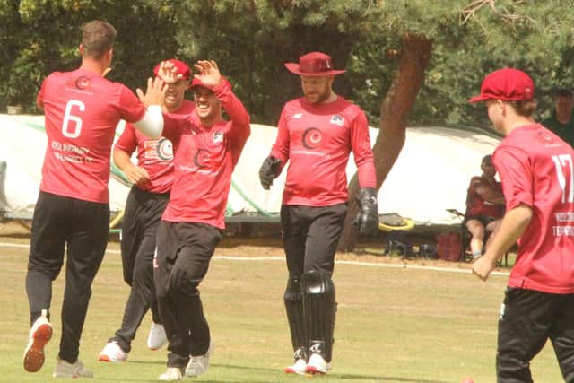 Kislingbury Temperance celebrate a wicket in their NCL Premier win over Peterborough (Picture: Finbarr Carroll)