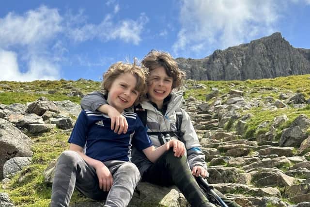 James (left) and Thomas (right) on the Wasdale Head trail approaching the summit of Scafell Pike