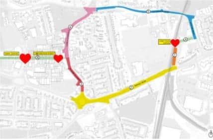The red, yellow and orange sections of the scheme will be completed under this funding. The second phase is in pink and blue.