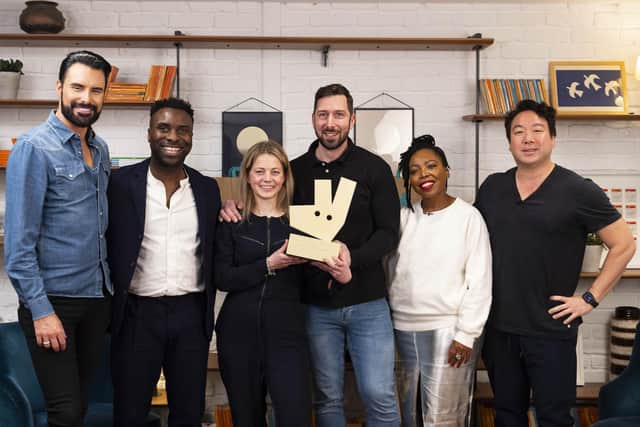 Luke and Daniela Wood (centre) with judges Rylan Clark, Jimi Famurewa and Deliveroo Founder & CEO Will Shu.Credit: David Parry
