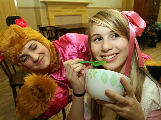 Kettering United Theatre Group Goldilocks and the Three Bears: One of the bears Georgie Trevor, 15 with Goldilocks, Kayleigh Lewis, 13 , 2013/ National World