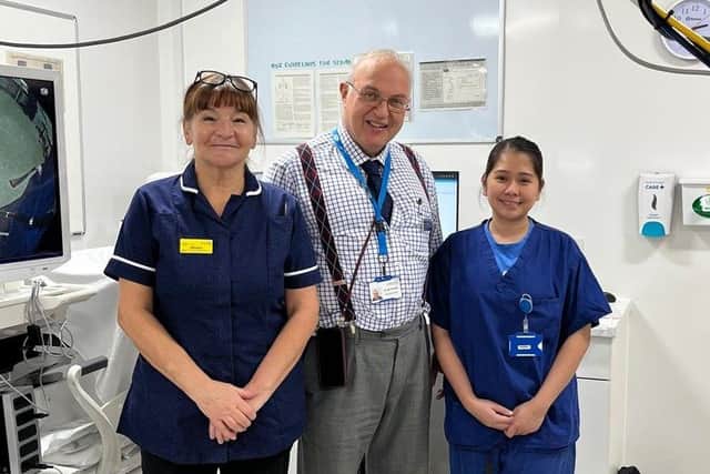 NGH screening team Specialist Screening Practitioner Dionne Brightman, BCS Endoscopist Dr Udi Shmueli, and Endoscopy Staff Nurse Angelica Rowol.