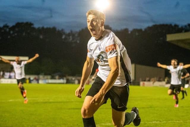 A delighted Jack Keeble runs away to celebrate after scoring for Corby Town against Long Eaton United (Picture: Jim Darrah)