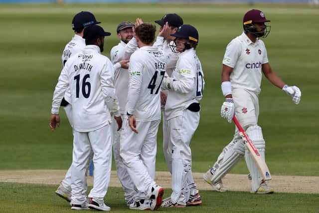 Yorkshire's players celebrate the dismissal of Northants batsman Emilio Gay