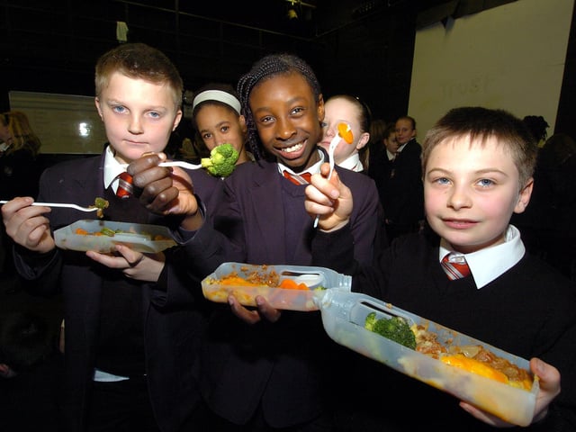 Wellingborough, Wrenn School Food tasting l-r Harley Merrington, 12, Tamara Addison, 11, Daniel Taylor, 12, March 2010