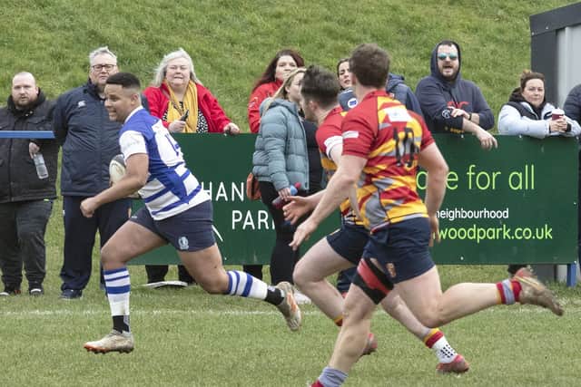 Josh Luthayi runs in to score Kettering's first try in their dramatic defeat to Peterborough