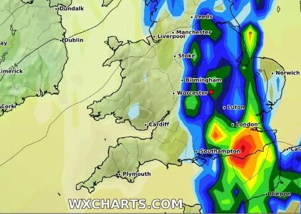 Radar predictions show thundery burst over the Midlands around midnight on Wednesday