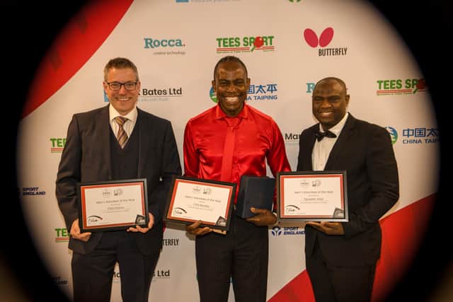 Chris Haynes (left) with fellow runner-up Tajudeen Alao (right) and winner Chris Beckley (centre). Credit: Michael Loveder