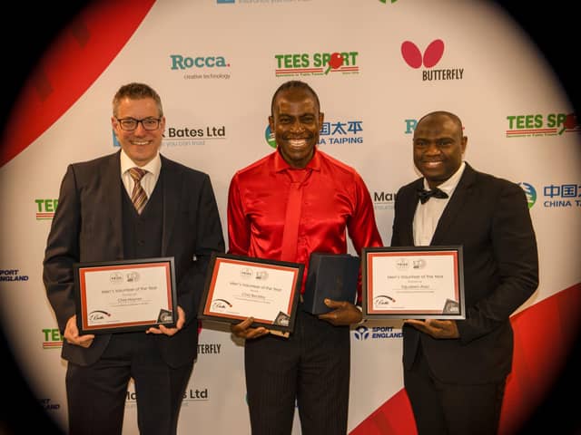 Chris Haynes (left) with fellow runner-up Tajudeen Alao (right) and winner Chris Beckley (centre). Credit: Michael Loveder
