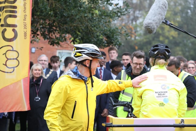 Matt Baker reassures Tabitha Tuckley before setting off on the BBC Children in Need Rickshaw Challenge