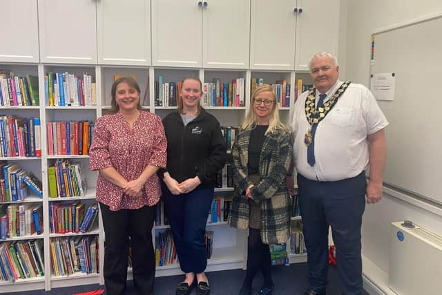 Left to right: Higham Ferrers Town Council Community Connector, Natasha Fountain, Snowdon Homes, Charlotte Jeffs and Lauren Bishop, and Mayor of Higham Ferrers, Nigel Brown