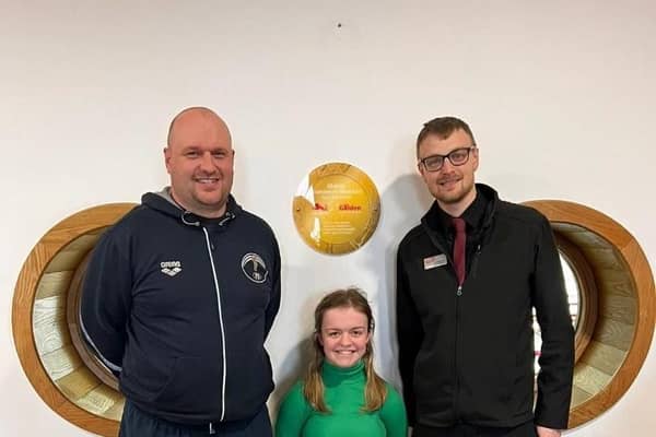 (Left to right) Northampton Swimming Club Head Coach Andy Sharp, Commonwealth Games star Maisie Summers-Newton and Moulton Leisure Centre General Manager Andy Joy.