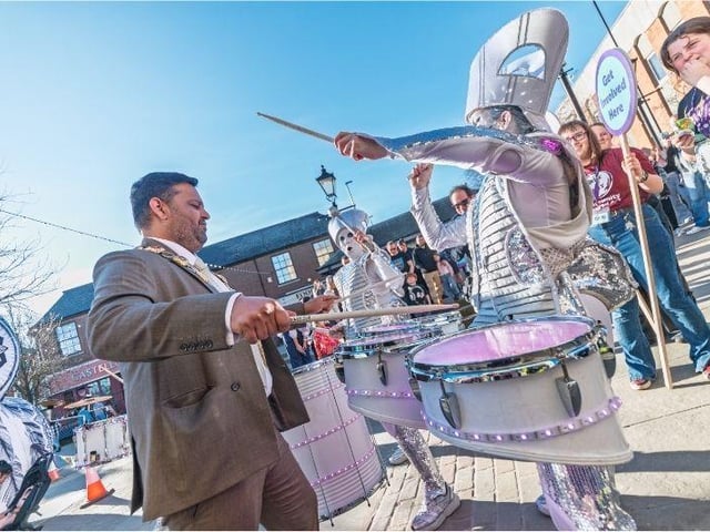Wellingborough Mayor Raj Mishra with Spark! drummers at Well Creative Festival