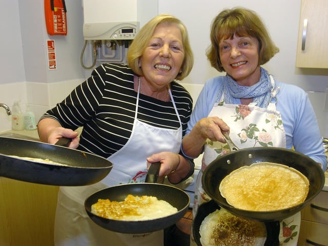 Raunds St Peter's Church Pancake Night: l-r Chefs Anne Wilcox and Fiona Exton. February 2009