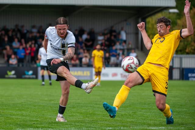Jordon Crawford has a shot on goal during the 3-3 draw between Corby Town and AFC Rushden & Diamonds (Picture; Jim Darrah)