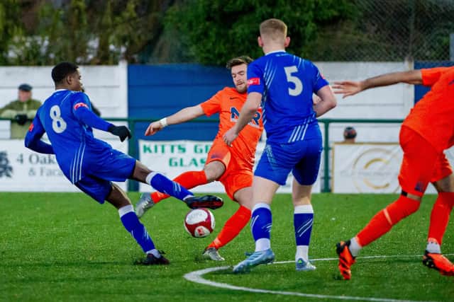 Action from Corby Town's 2-0 win at Sutton Coldfield Town on Saturday (Picture: Jim Darrah)