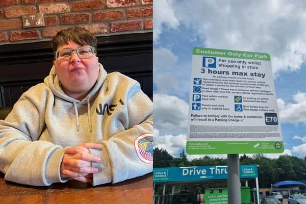 Danielle Tucker and the parking signs at Kettering's Asda store