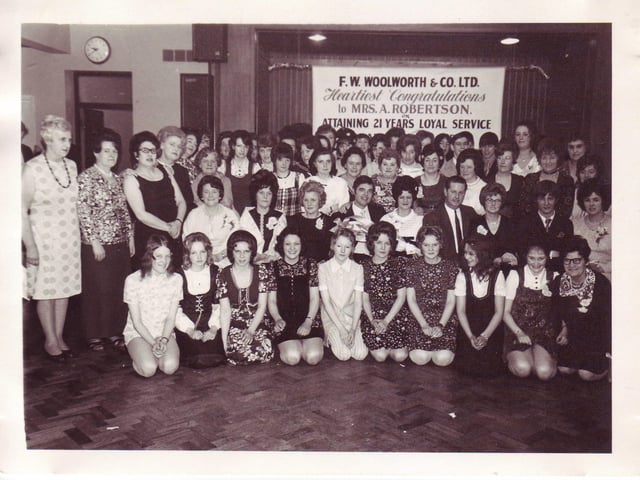 Workers at Corby's Woolworths celebrating 21 years of service, circa 1970s