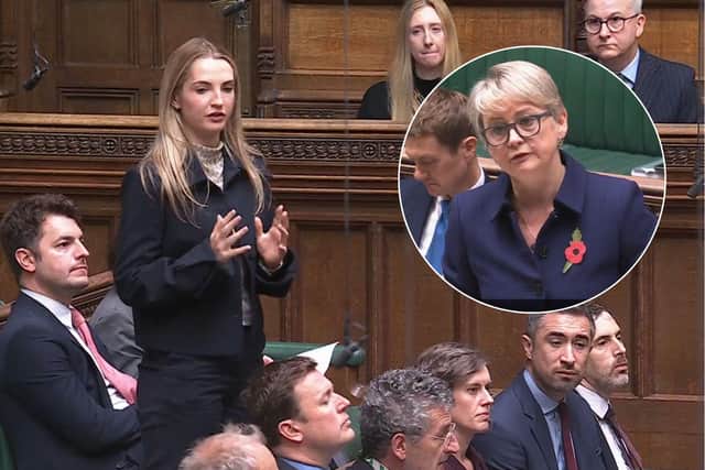 Rosie Wrighting MP for Kettering speaking in the House of Commons Health Secretary Yvette Cooper (inset) /Parliament TV