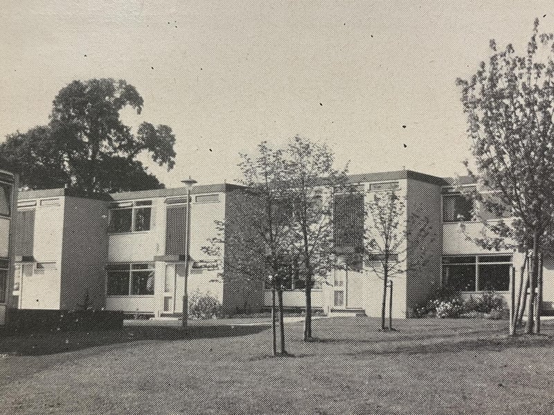 These homes on the new Lodge Park estate were known as 'patio houses'. They each had their own space at the front looking on to the central grassed-area as well as a rear garage.