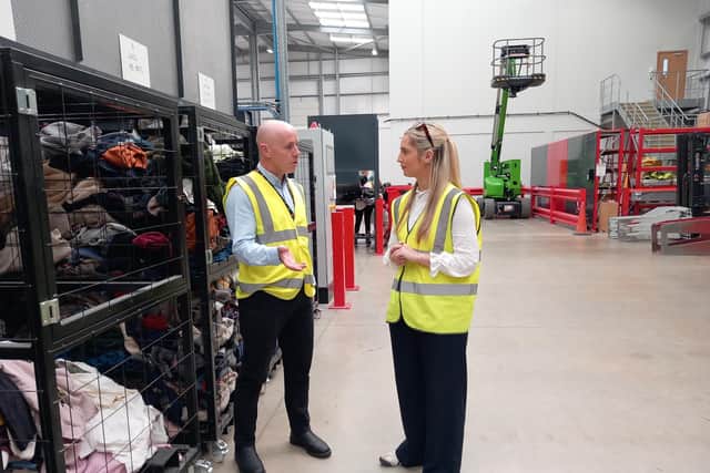 Salvation Army Trading Company Ltd - Rosie Wrighting MP with John Webb - Site Manager - Fibersort Kettering/SA