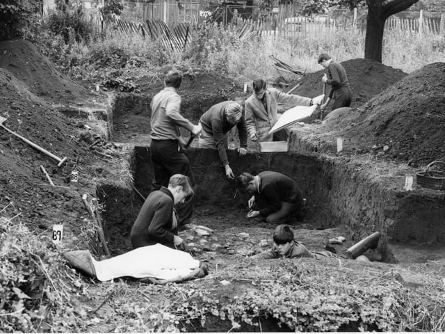 Kettering Archaeological Society digging in Park Drive, Kettering in summer 1968