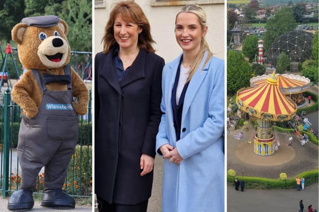 Summer VAT cut for attractions announced L-r Wicky Bear/ Chancellor Rachel Reeves MP and MP for Kettering Rosie Wrighting/ Wicksteed Park/IMG