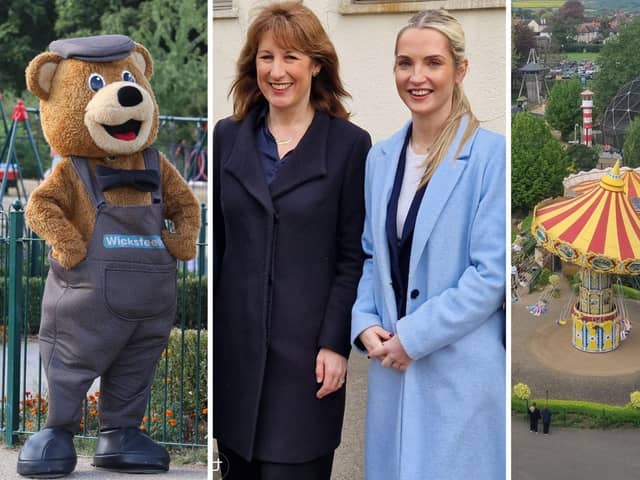 Summer VAT cut for attractions announced L-r Wicky Bear/ Chancellor Rachel Reeves MP and MP for Kettering Rosie Wrighting/ Wicksteed Park/IMG
