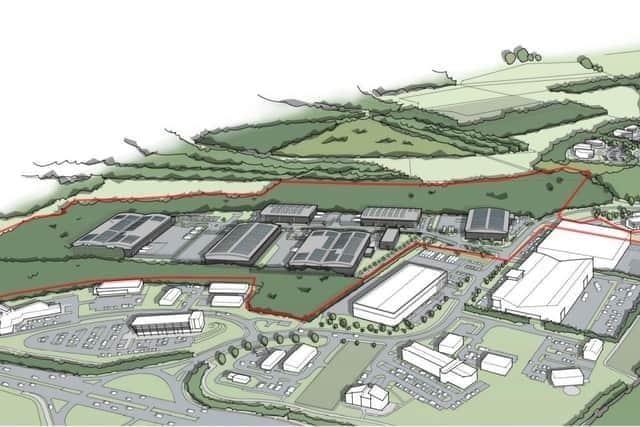 An artist's impression of the site, with the six new units in grey within the red boundary. To the bottom left of the drawing is the 'hamburger' roundabout and Northamptonshire Police's Kettering hub.