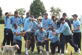 Loddington & Mawsley celebrate in style after they beat Stony Stratford to win the NCL T20 Cup. Pictures by Finbarr Carroll
