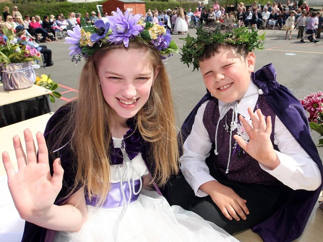 Rushton Primary School May Queen and King Lucie Bues, and Liam Daniels 2013