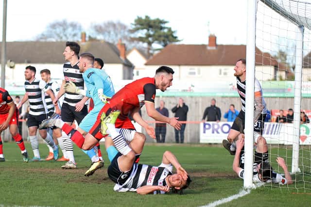 Kettering Town came close to nicking all three points in their 0-0 draw with Darlington when George Forsyth's header was cleared off the line. Pictures by Peter Short