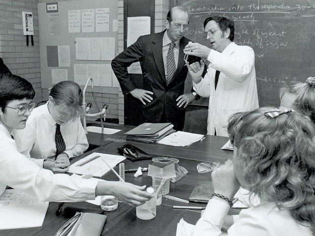 The Duke of Kent officially opens Rushden School, September 1992 - science teacher Jim Althorpe with his class