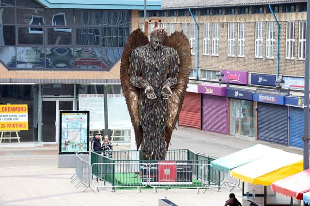 The 27ft-high Knife Angel in Corporation Street at Willow Place, Corby