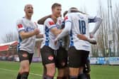 Kettering Town's players celebrate Jonny Edwards' penalty at Stourbridge last Saturday (Picture: Peter Short)