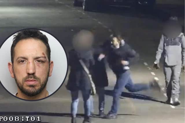 Philip Moore (inset) with the assault caught by CCTV cameras in Carrington Street Kettering/Northants Police