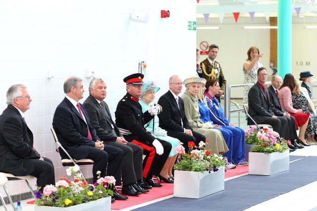 Her Majesty Elizabeth Queen II visits Corby International Swimming Pool with councillors and officials from Corby Council. 2012