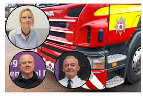 Main image (National World file picture) Inset, new interim Chief Fire Officer Nicci Marzec - top left , Stephen Mold (Northamptonshire Police, Fire and Crime Commissioner) - bottom left, and Mark Jones former Northamptonshire Chief Fire Office - bottom right. Photos from Office of Northamptonshire Police, Fire and Crime Commissioner