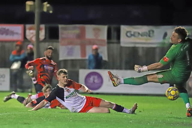 Callum Powell drills in Kettering Town's fifth goal against Stourbridge (Picture: Peter Short)