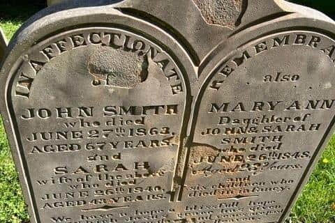 Headstone of John Smith and Sarah. Cousins from either side of the world met by chance after miraculously turning up to their ancestors grave - at the same time. Ian Brandon and Malcolm Atkins were visiting the grave of their third great-grandfather Anthony Smith only to find a couple from the US doing the same.Rand and Janeel Smith made the 3,700-mile journey from Kansas City to Raunds, Northants., to see where his family originated. But the couple were left gobsmacked when Ian and Malcolm arrived on September 22 and realised they were actually related.   Photo released 30/09/2025