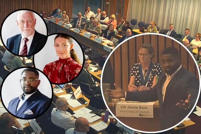North Northants Council members with inset Cllr Willie Colquhoun, Cllr Zoe McGhee and Cllr King Lawal. King Lawal (right) gesturing across the chamber to opposition members/NNC