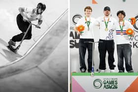 Jayden Sharman of Corby in action (left) and with his medal (right)
