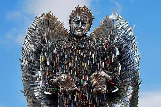The Knife Angel is a sculpture designed by artist Alfie Bradley, in partnership with the British Ironworks Centre and is also known as the National Monument Against Violence & Aggression. The sculpture, made from over 100,000 seized blades.